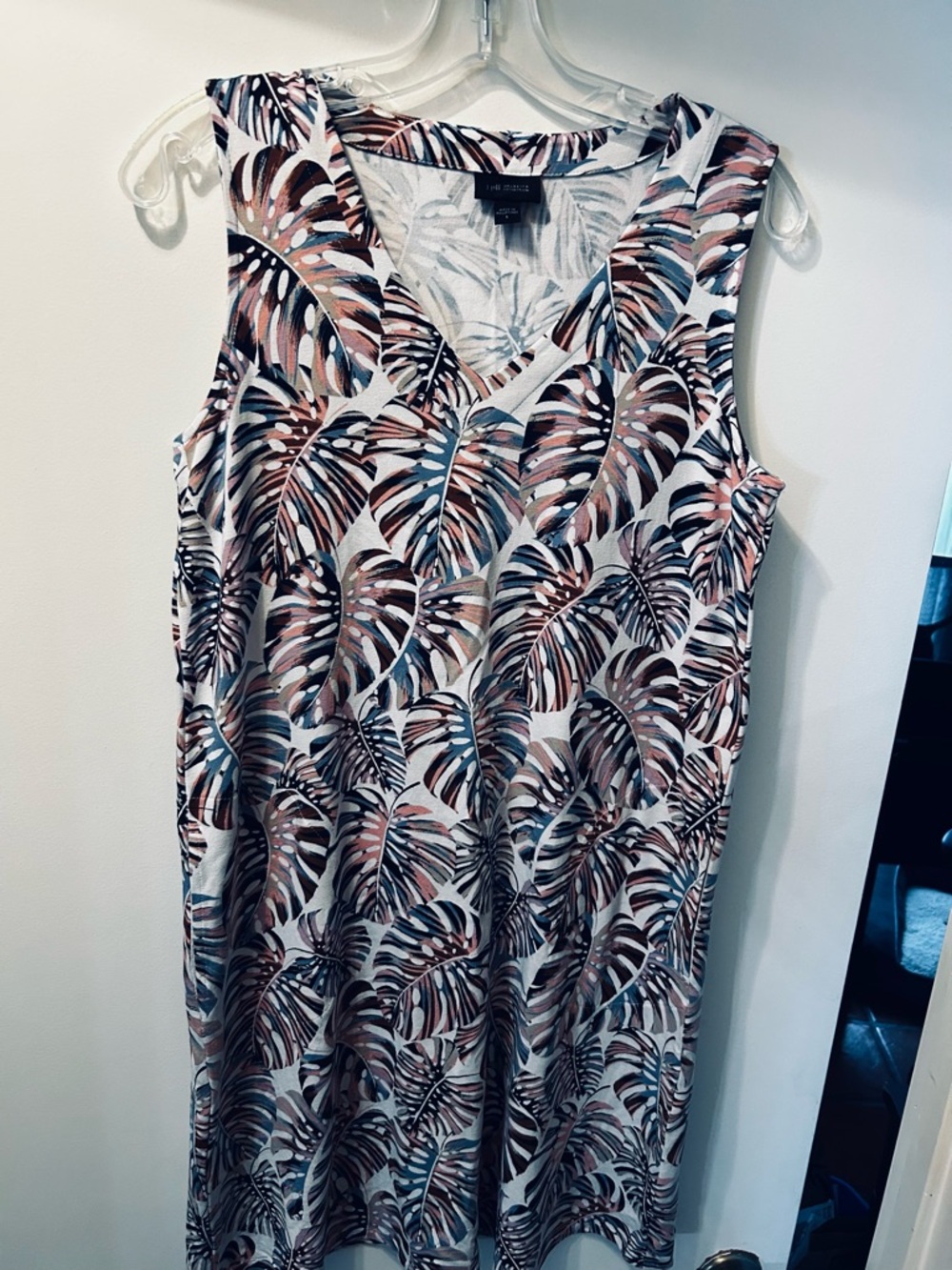 J. Jill Tropical Leaf Print V-Neck Dress - Blue, Brown, Blush